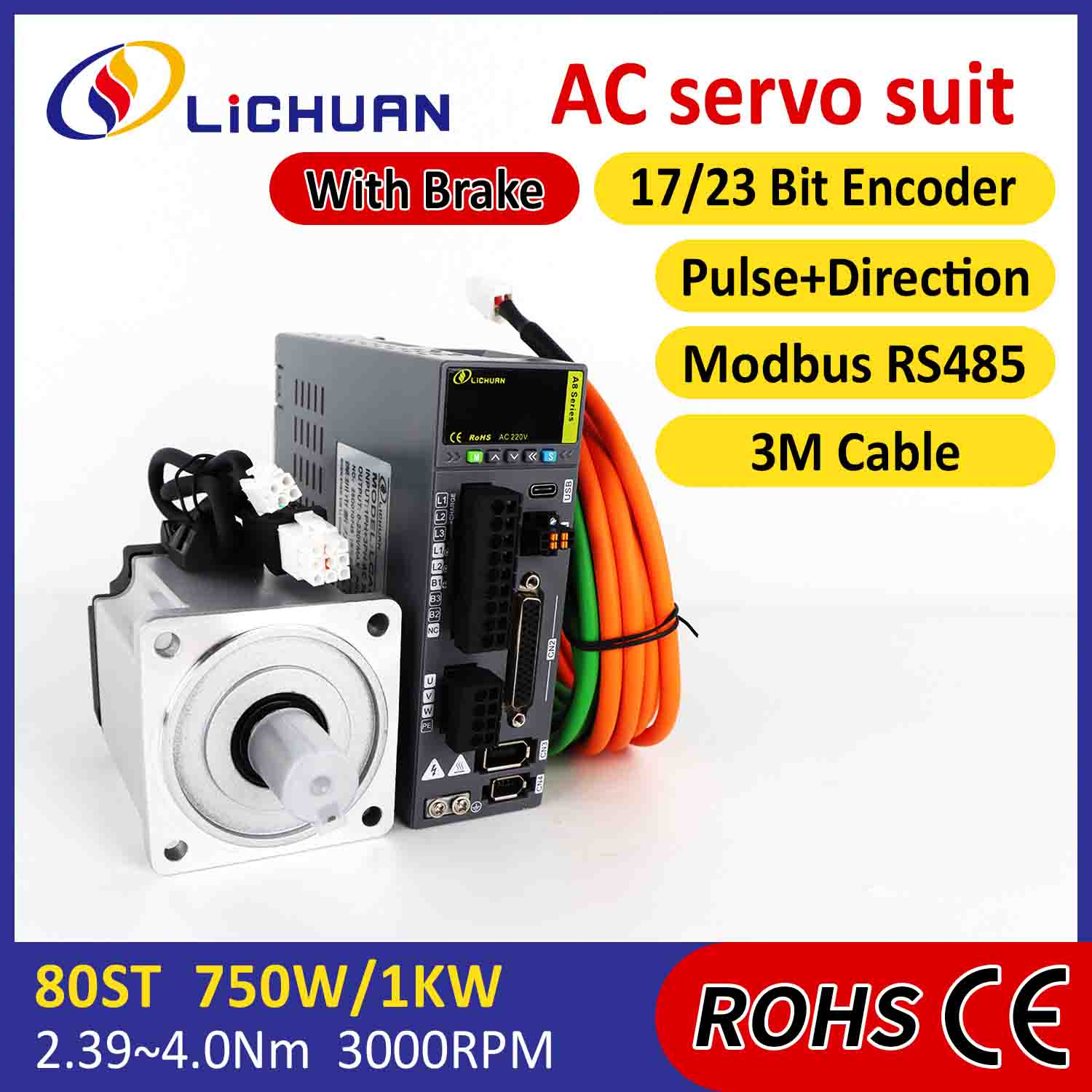Lichuan AC servomoottoriohjainsarja A8, korkea tarkkuus STO ABZ 1001W 1KW 4.0N.m 220V 4.6A 2500/3000RPM IP65