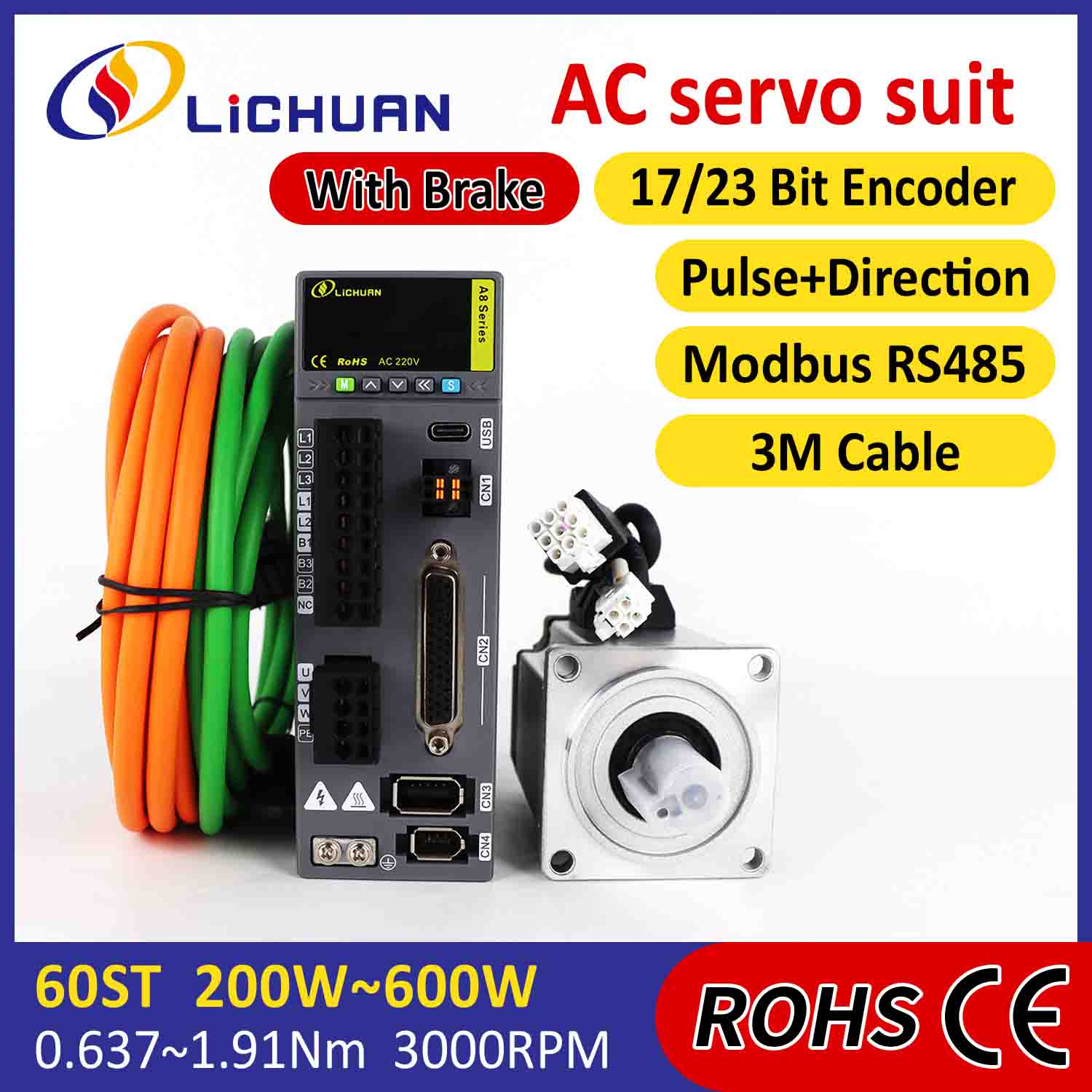 Lichuan AC servomoottoriohjainsarja A8, korkea tarkkuus STO ABZ 200W 0.637N.m 220V 1.6A 3000RPM IP65