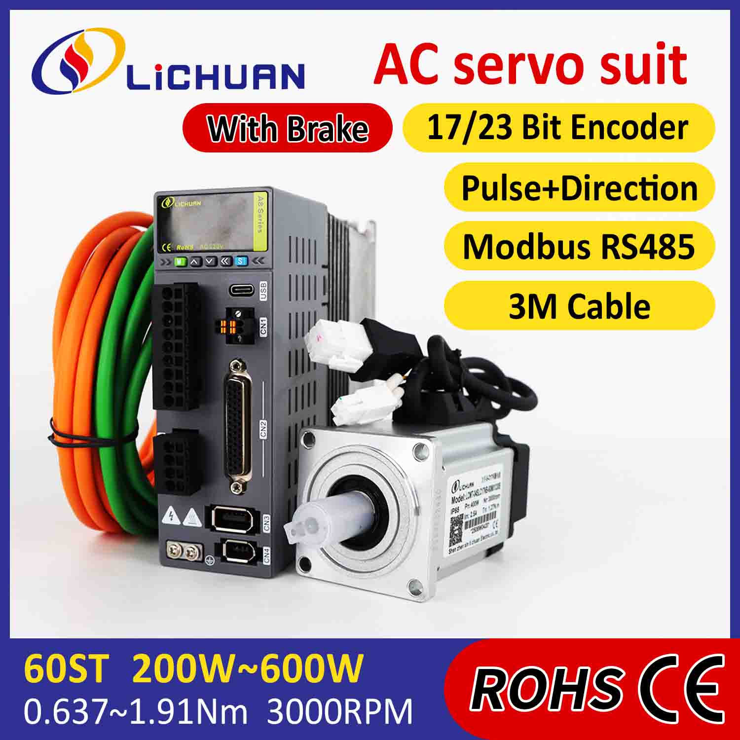 Lichuan AC servomoottoriohjainsarja A8, korkea tarkkuus STO ABZ 400W 1.27N.m 220V 2.5A 3000RPM IP65