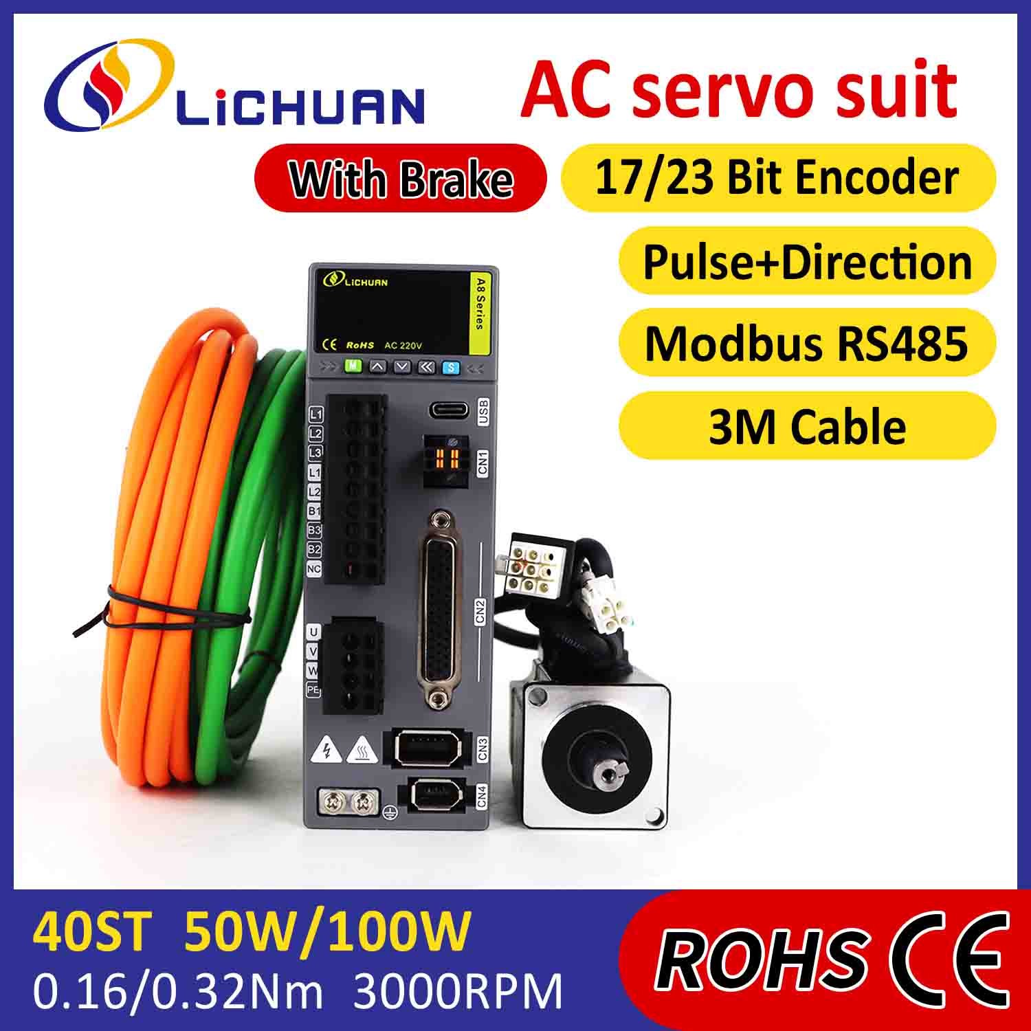 Lichuan AC servomoottoriohjainsarja A8, korkea tarkkuus STO ABZ 50W 0.16N.m 220V 0.8A 3000RPM IP65