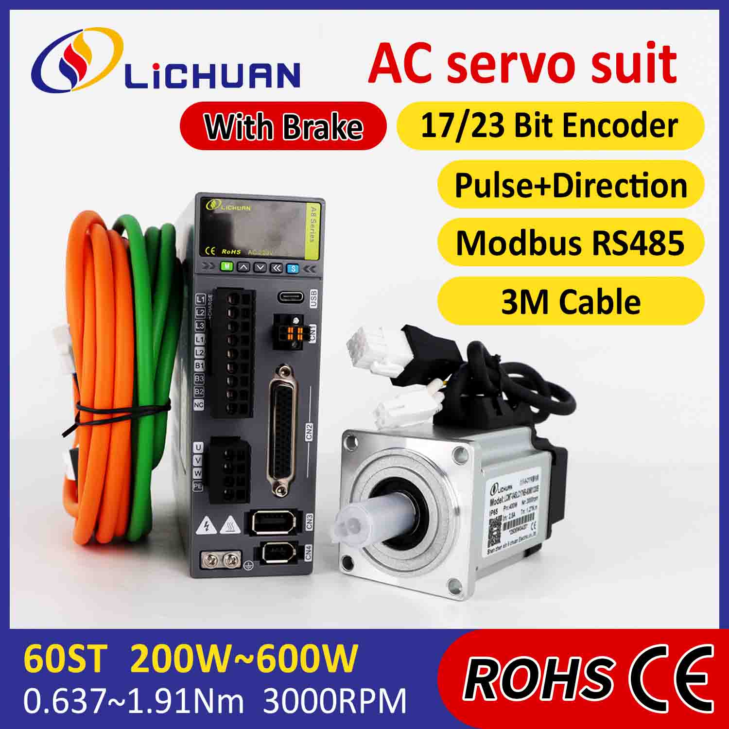 Lichuan AC servomoottoriohjainsarja A8, korkea tarkkuus STO ABZ 600W 1.91N.m 220V 3.3A 3000RPM IP65