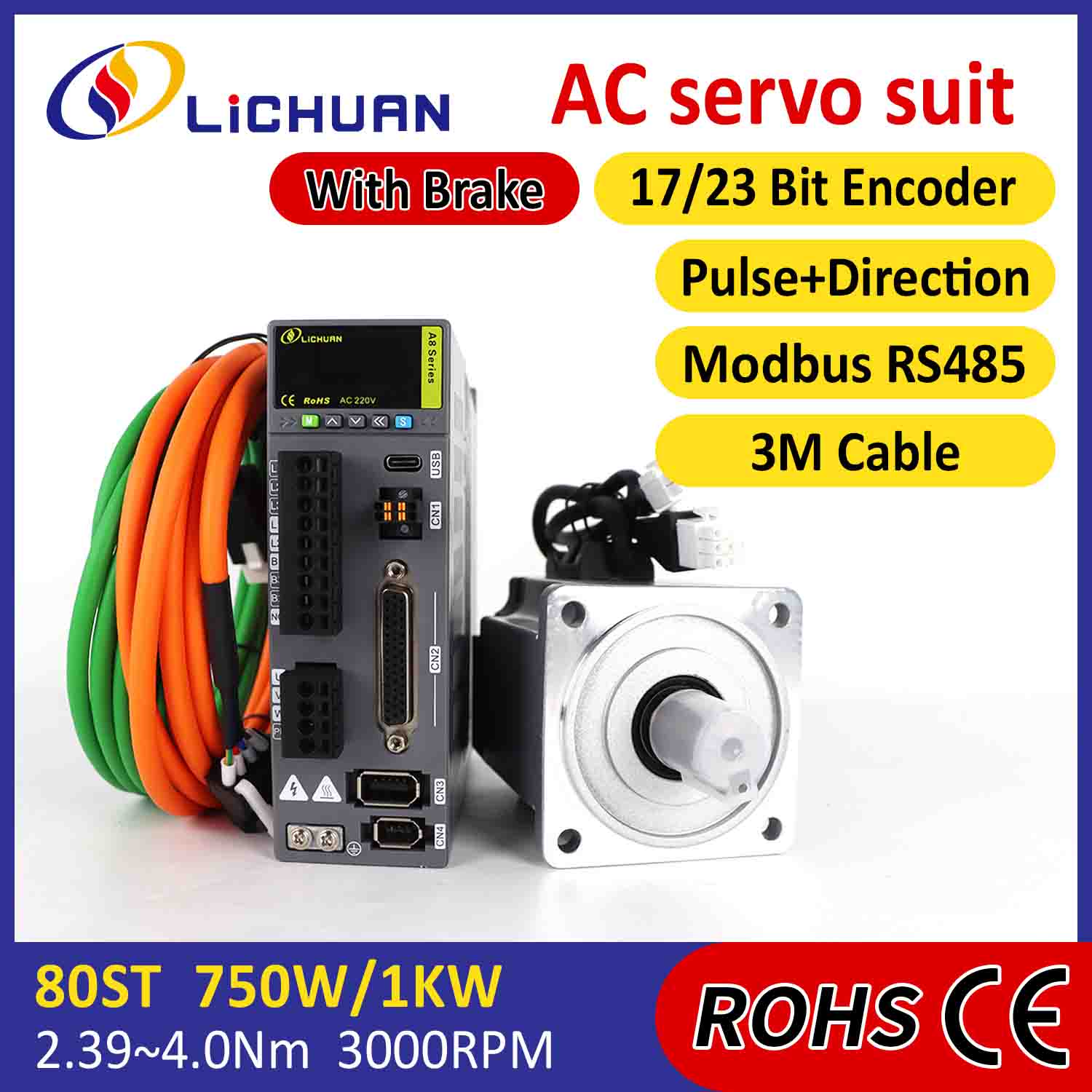 Lichuan AC servomoottoriohjainsarja A8, korkea tarkkuus STO ABZ 750W 0,75KW 2,39N.m 220V 4,5A 2500/3000RPM IP65
