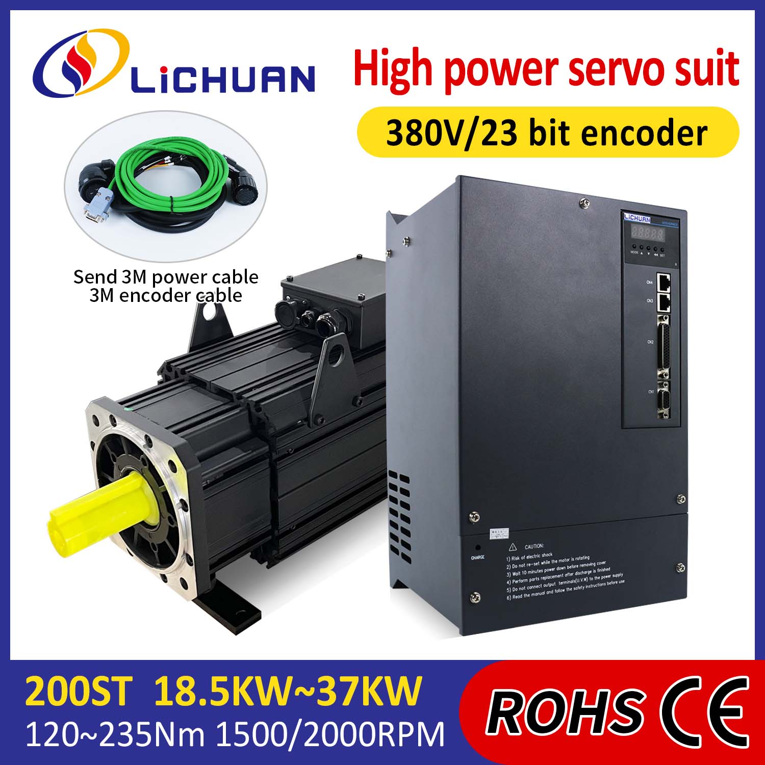 Lichuan AC servomoottorin ohjainsarja SUURI TEHO 191N.m 30KW AC380V 52A 1500/2000RPM IP65