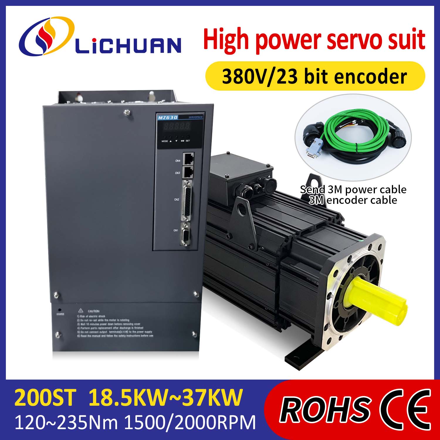 Lichuan AC servomoottorin ohjainsarja SUURI TEHO 88N.m 18.5KW AC380V 31.6A 1500/2000RPM IP65
