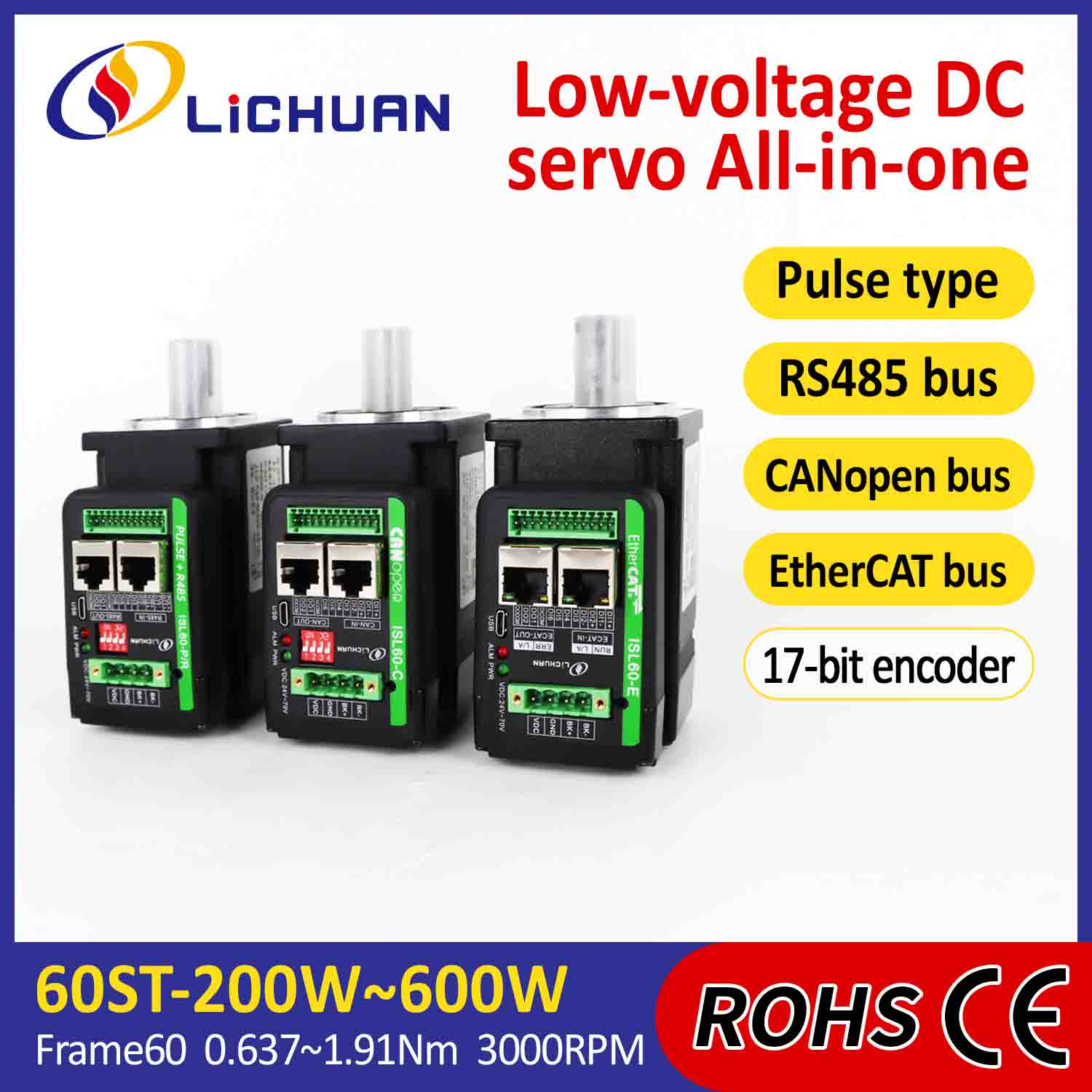 Lichuan Integrated Servo Motors Driver L-muotoinen 400W 1.27N.m DC24/48V 6.0/10/12/15A 3000RPM IP65