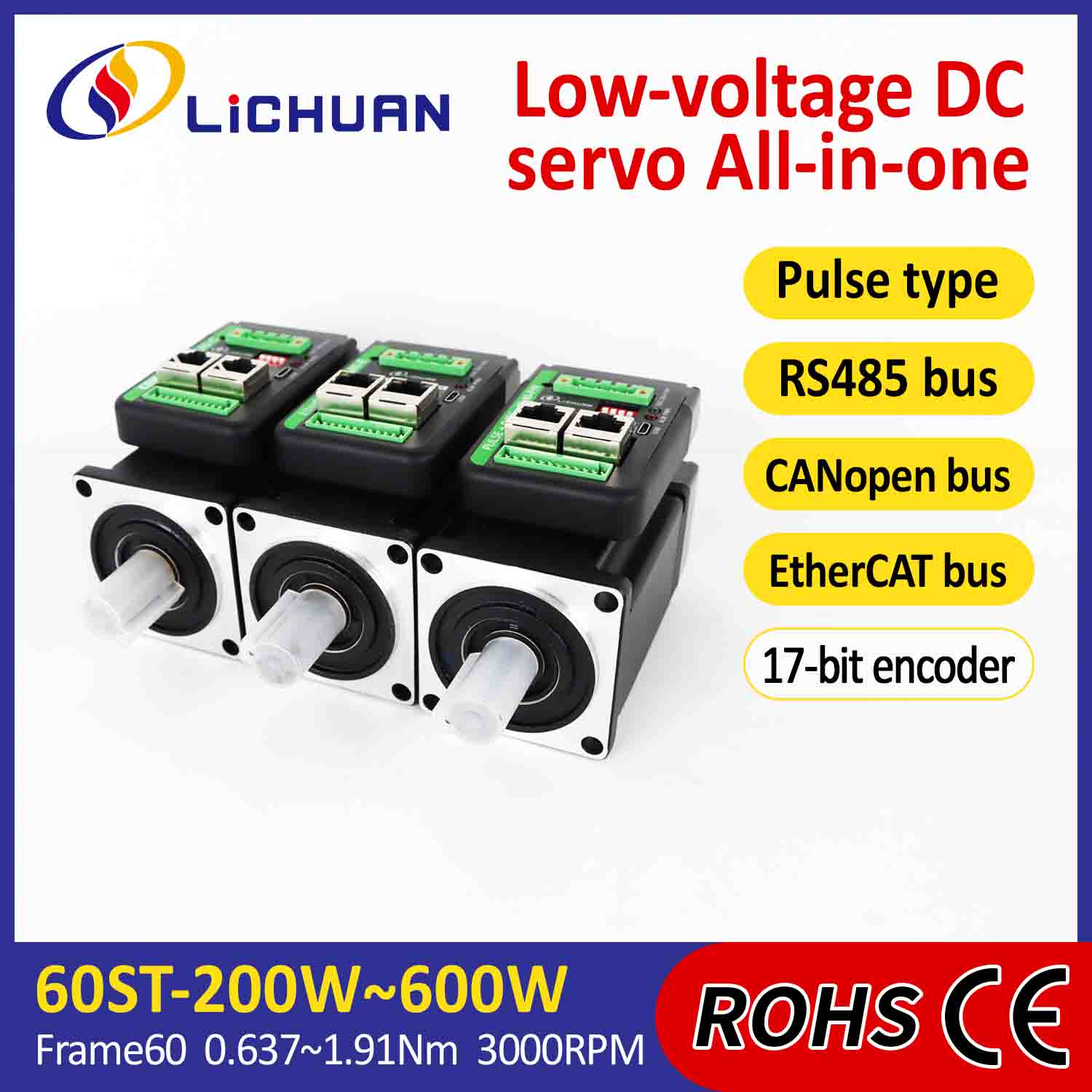 Lichuan Integrated Servo Motors Driver L-muotoinen 600W 1.91N.m DC24/48V 6.0/10/12/15A 3000RPM IP65