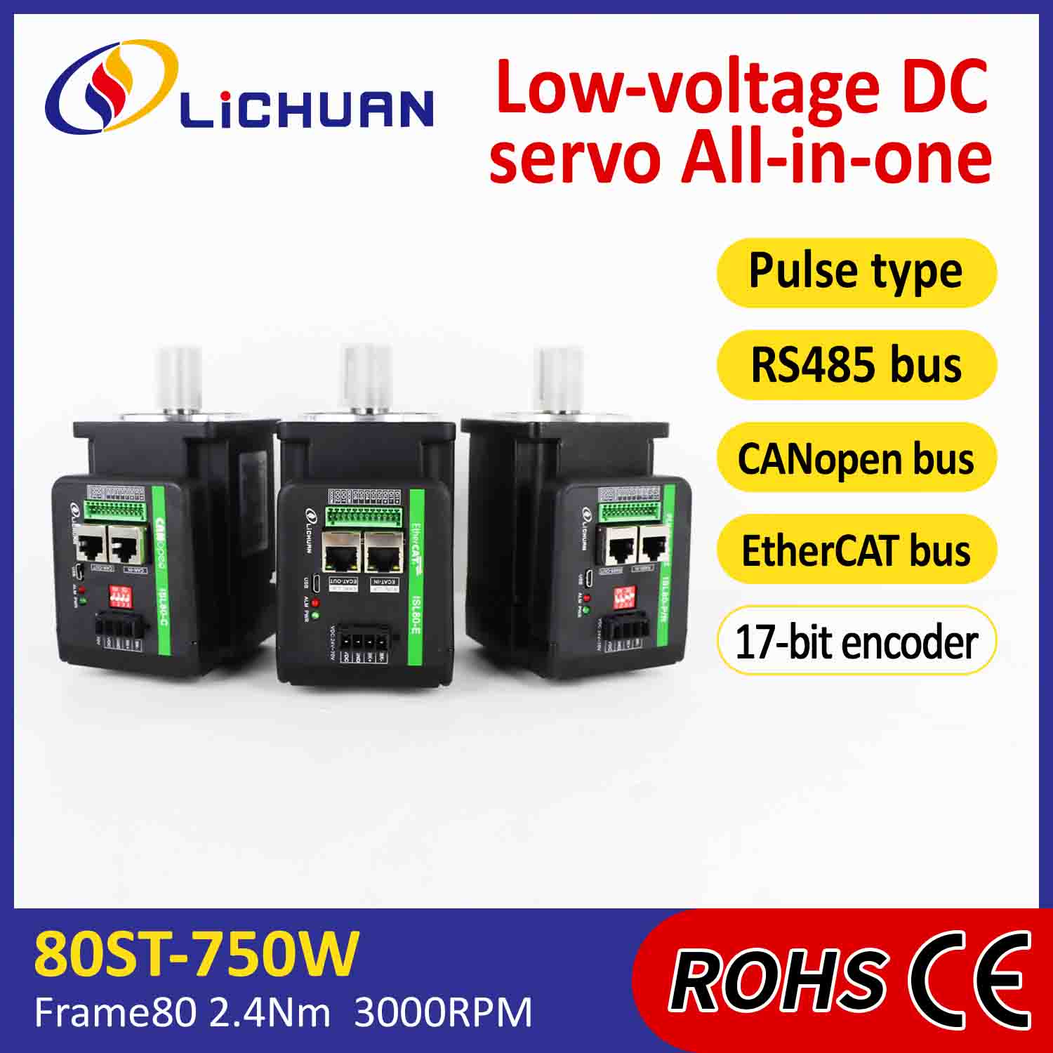 Lichuan Integrated Servo Motors Driver L-muotoinen 750W 2.4N.m DC48V 20A 3000RPM IP65